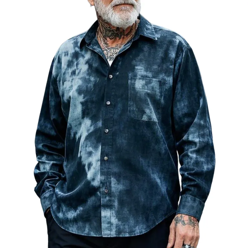Men's Casual Vintage Lapel Tie-dye Printed Cotton Blend Long-sleeved Shirt 96529309F sold by Manly