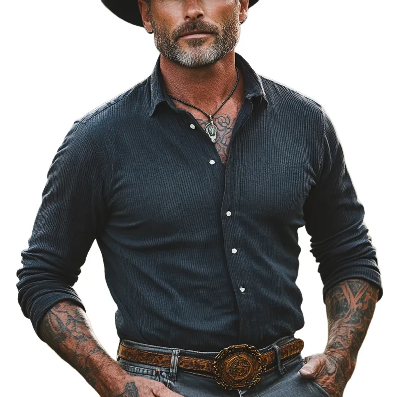 Men's Casual Vintage Lapel Ribbed Long Sleeve Shirt 93039007F sold by Manly