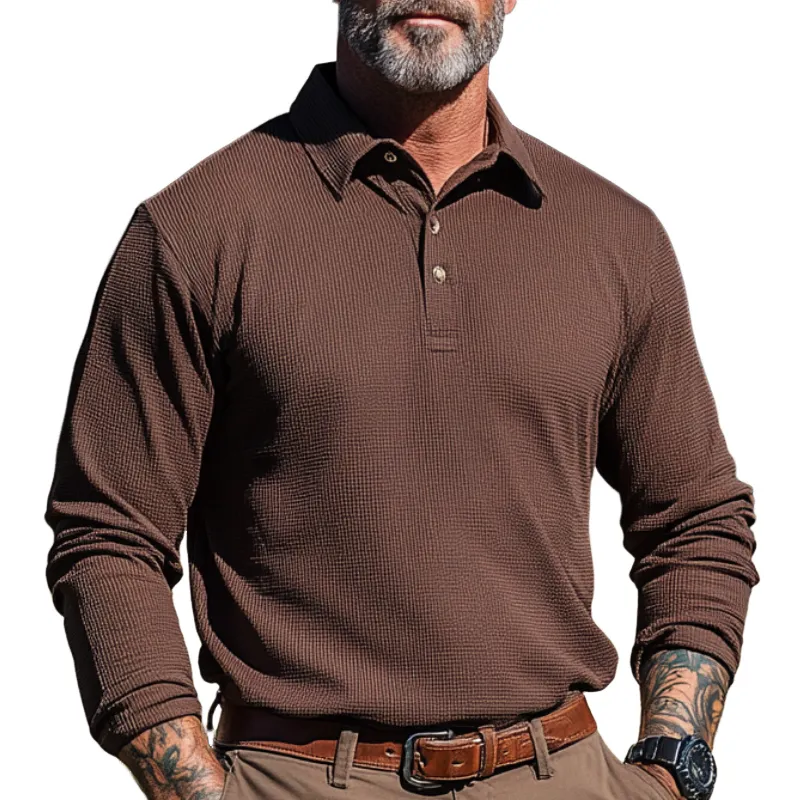 Men's Casual Vintage Lapel Elastic Ribbed Long-sleeved POLO Shirt 41381820F sold by Manly