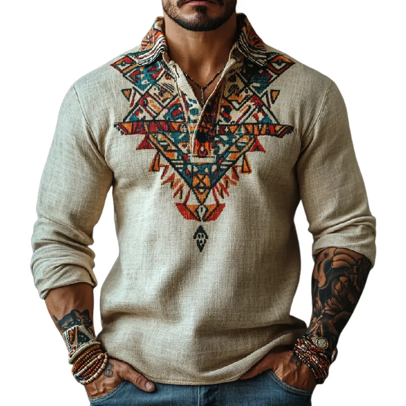Men's Retro Lapel Printed Cotton and Linen Long Sleeve POLO Shirt 01953803F sold by Manly