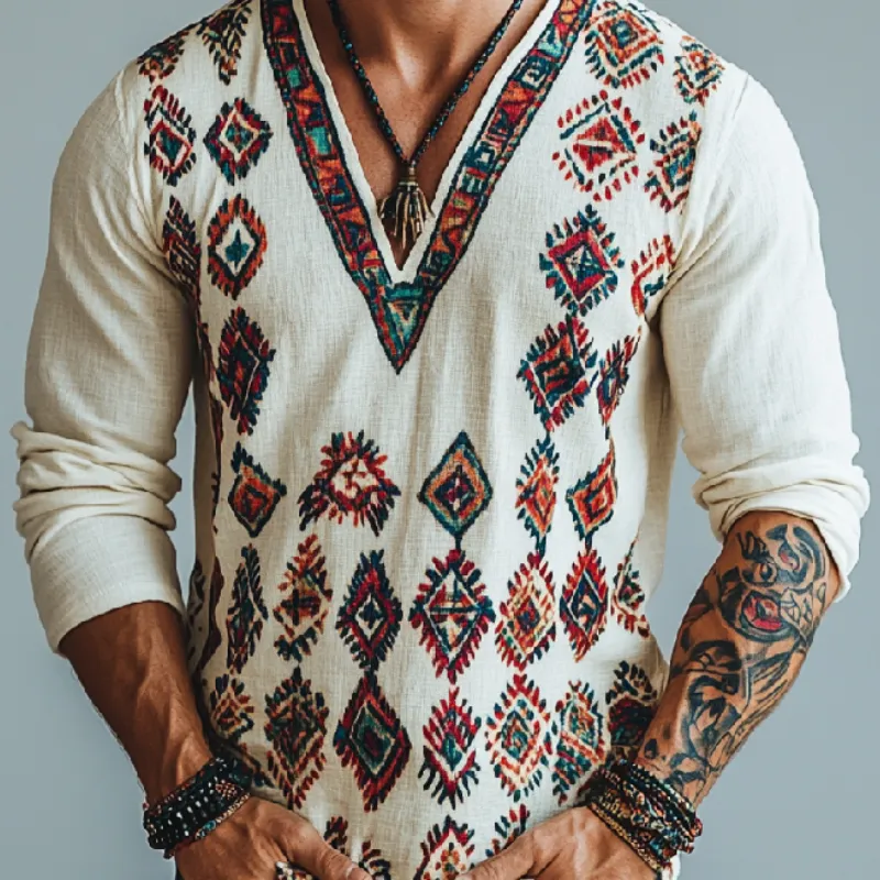 Men's Retro Fashion V-neck Cotton and Linen Printed Long Sleeve T-shirt 83410371F sold by Manly product image thumbnail 3