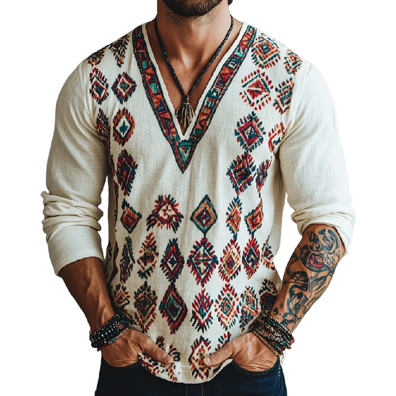 Men's Retro Fashion V-neck Cotton and Linen Printed Long Sleeve T-shirt 83410371F sold by Manly