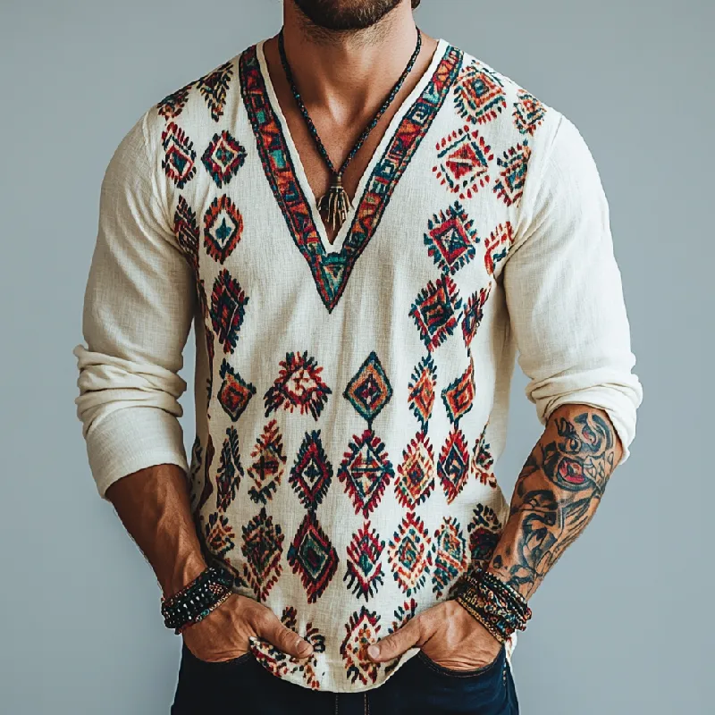 Men's Retro Fashion V-neck Cotton and Linen Printed Long Sleeve T-shirt 83410371F sold by Manly product image thumbnail 2