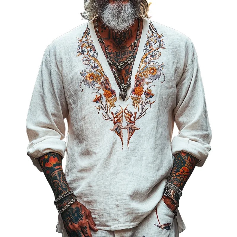 Men's Vintage Casual V-Neck Cotton Blend Embroidered Long Sleeve T-Shirt 04123888F sold by Manly