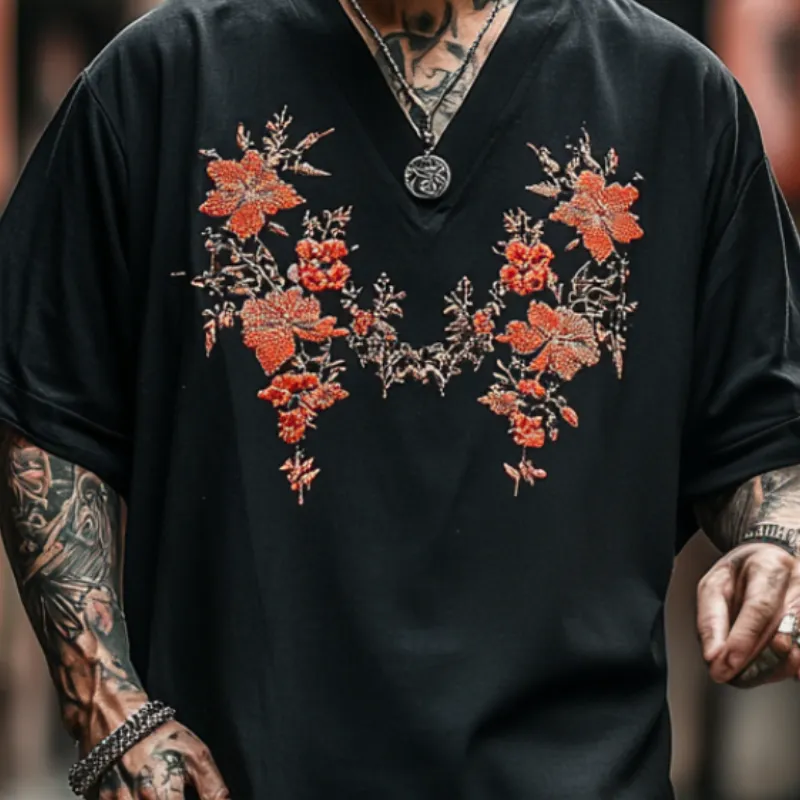 Men's Vintage Casual V-Neck Cotton Blend Embroidered Short Sleeve T-Shirt 20574324F sold by Manly product image thumbnail 3