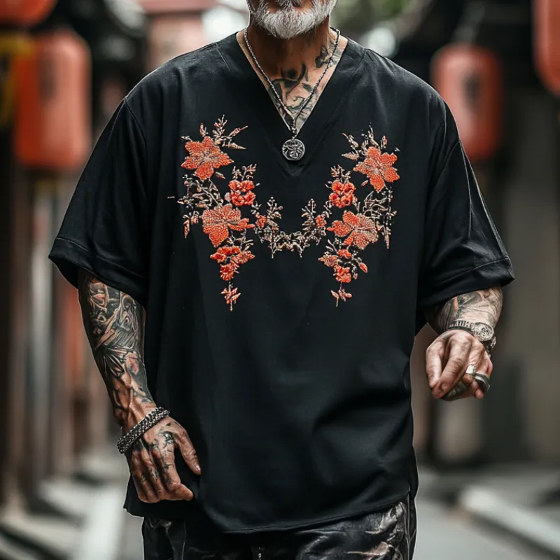 Men's Vintage Casual V-Neck Cotton Blend Embroidered Short Sleeve T-Shirt 20574324F sold by Manly product image thumbnail 2