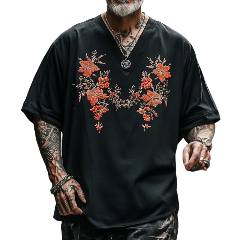 Men's Vintage Casual V-Neck Cotton Blend Embroidered Short Sleeve T-Shirt 20574324F sold by Manly