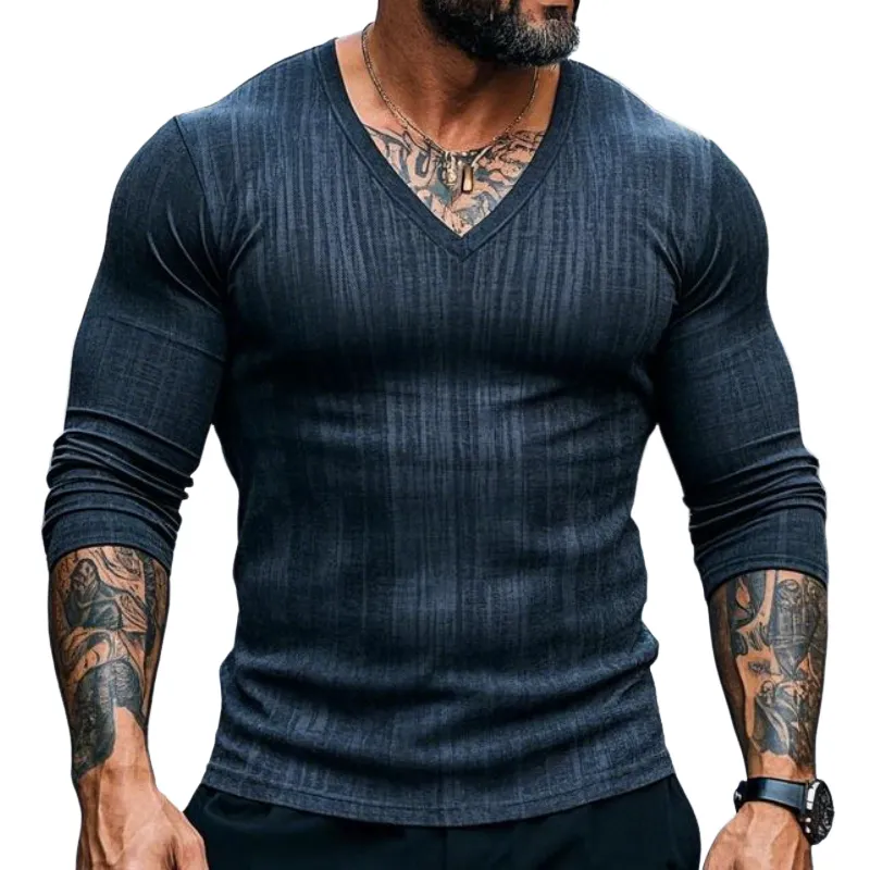 Men's Classic All-match V-neck Cotton Long-sleeved T-shirt 38005040F sold by Manly