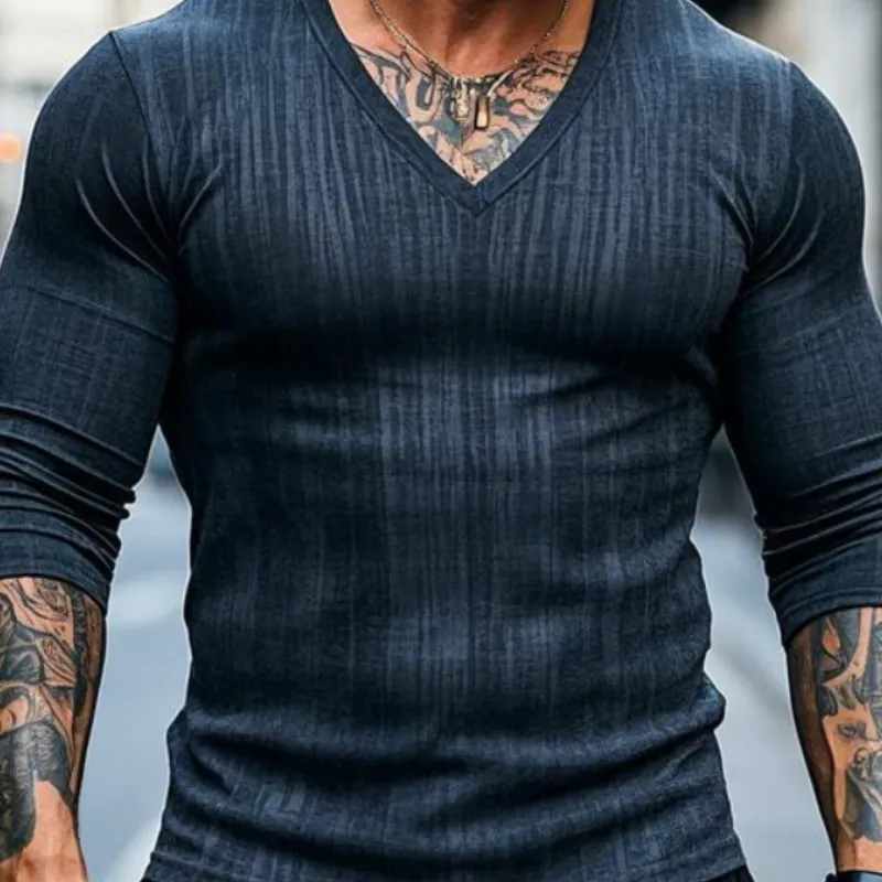 Men's Classic All-match V-neck Cotton Long-sleeved T-shirt 38005040F sold by Manly product image thumbnail 3