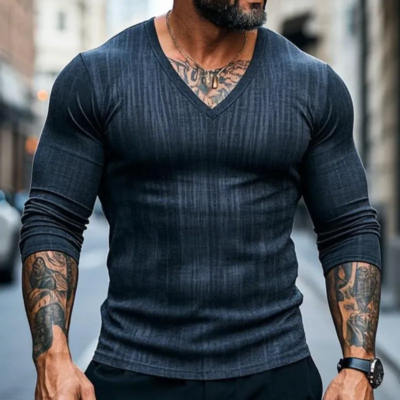 Men's Classic All-match V-neck Cotton Long-sleeved T-shirt 38005040F sold by Manly product image thumbnail 2