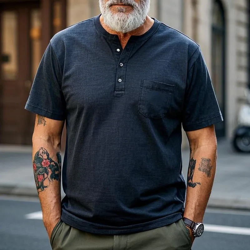 Men's Vintage Casual Henley Collar Cotton Blend Short Sleeve T-Shirt 24545219F sold by Manly product image thumbnail 2