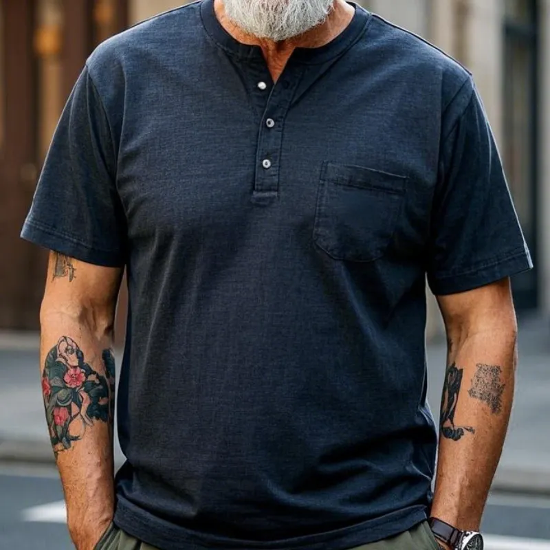 Men's Vintage Casual Henley Collar Cotton Blend Short Sleeve T-Shirt 24545219F sold by Manly product image thumbnail 3