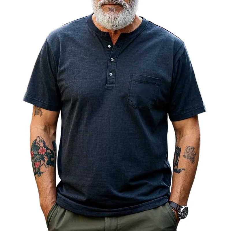 Men's Vintage Casual Henley Collar Cotton Blend Short Sleeve T-Shirt 24545219F sold by Manly