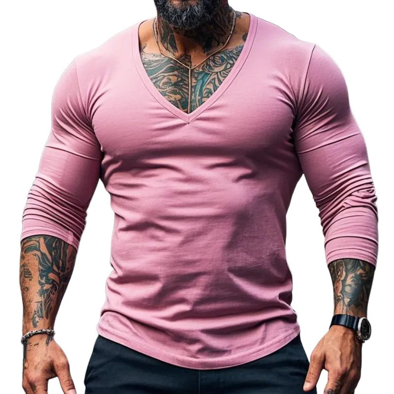 Men's Fashion Trend V-Neck Cotton Long Sleeve T-Shirt 00638955F sold by Manly