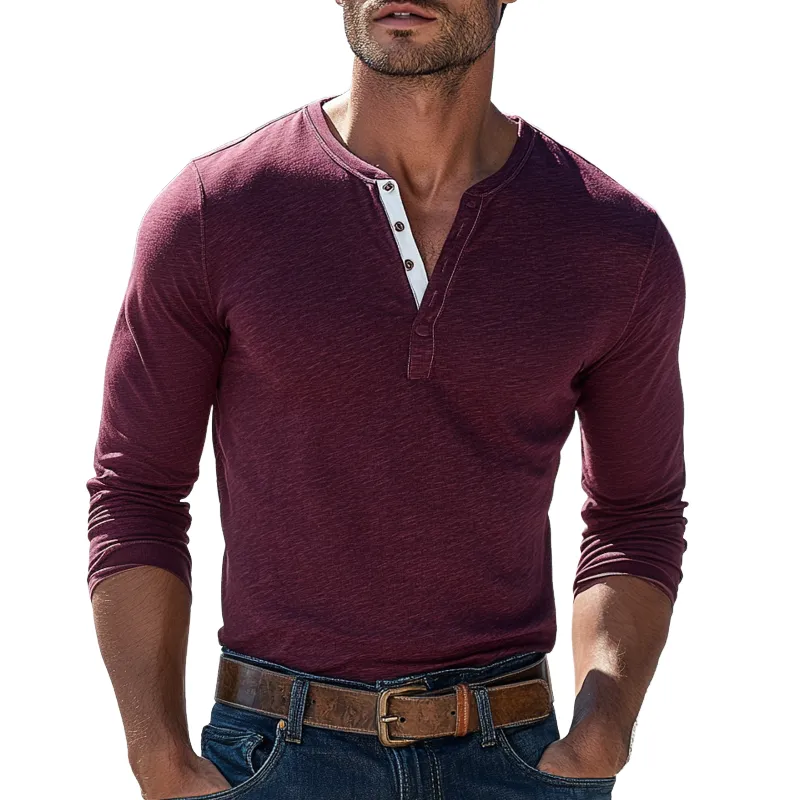Men's Colorblock Henley Collar Long Sleeve T-shirt 46732526Z sold by Manly