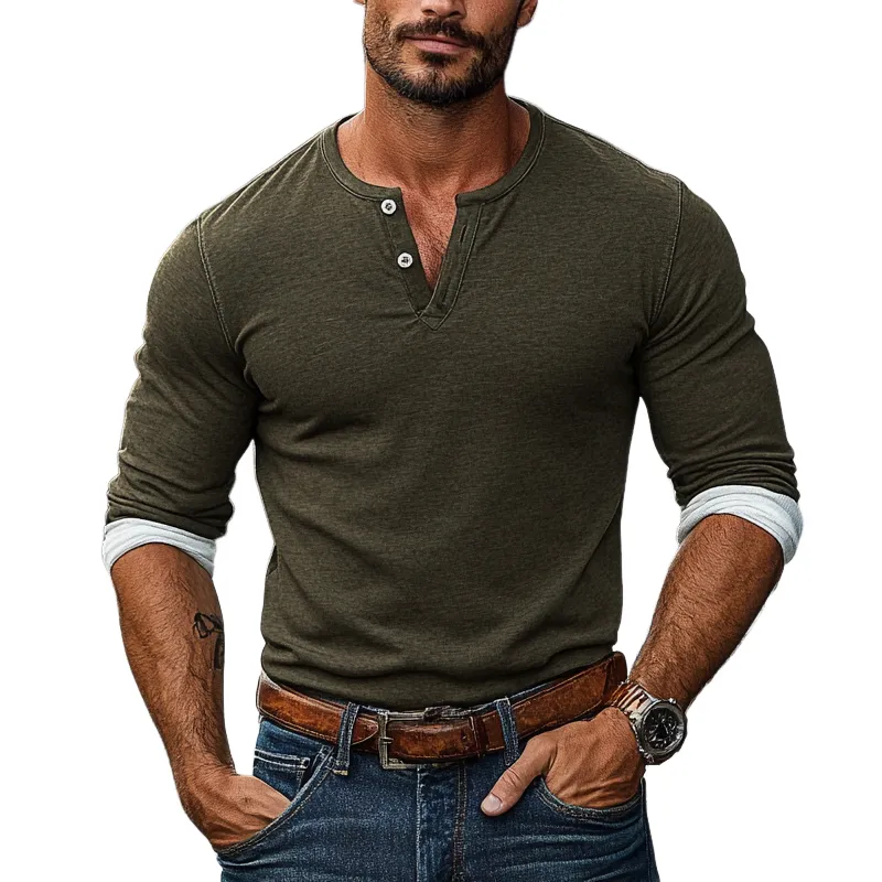 Men's Colorblock Henley Collar Long Sleeve T-shirt 58607057Z sold by Manly
