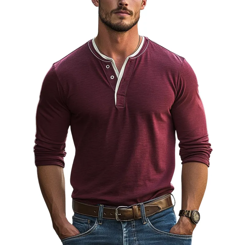 Men's Colorblock Henley Collar Long Sleeve T-shirt 83728517Z sold by Manly