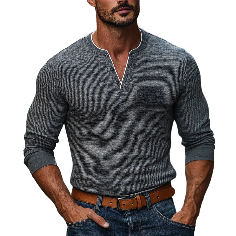 Men's Colorblock Trim Waffle Henley Collar Long Sleeve T-shirt 63998919Z sold by Manly