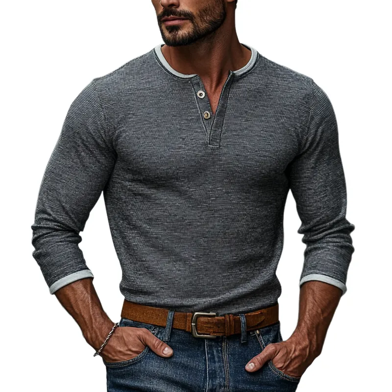 Men's Colorblock Waffle Henley Collar Long Sleeve T-shirt 74462525Z sold by Manly