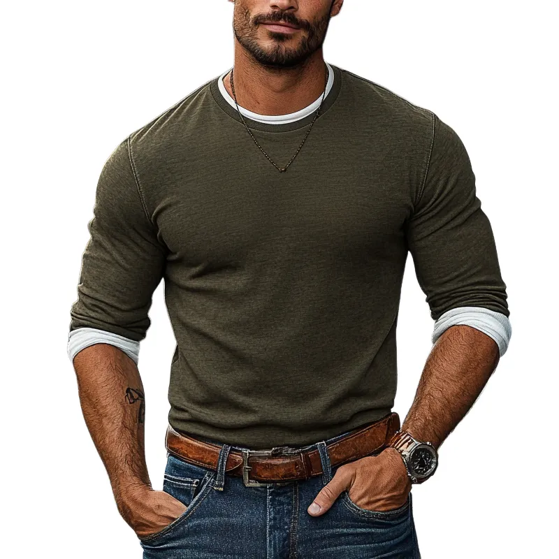 Men's Color Block Fake Two-piece Round Neck Long Sleeve T-shirt 00248069Z sold by Manly