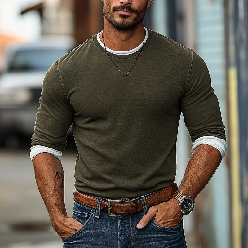 Men's Color Block Fake Two-piece Round Neck Long Sleeve T-shirt 00248069Z sold by Manly product image thumbnail 2