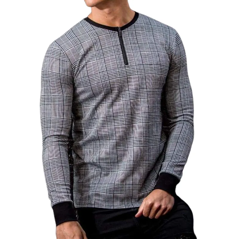 Men's Retro Casual Plaid Round Neck Zipper Long Sleeve T-Shirt 93858911TO sold by Manly