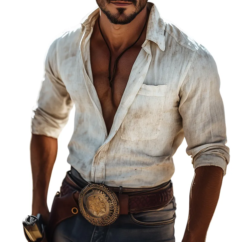 Men's Retro Casual Printed Linen Lapel Long Sleeve Shirt 50745401TO sold by Manly