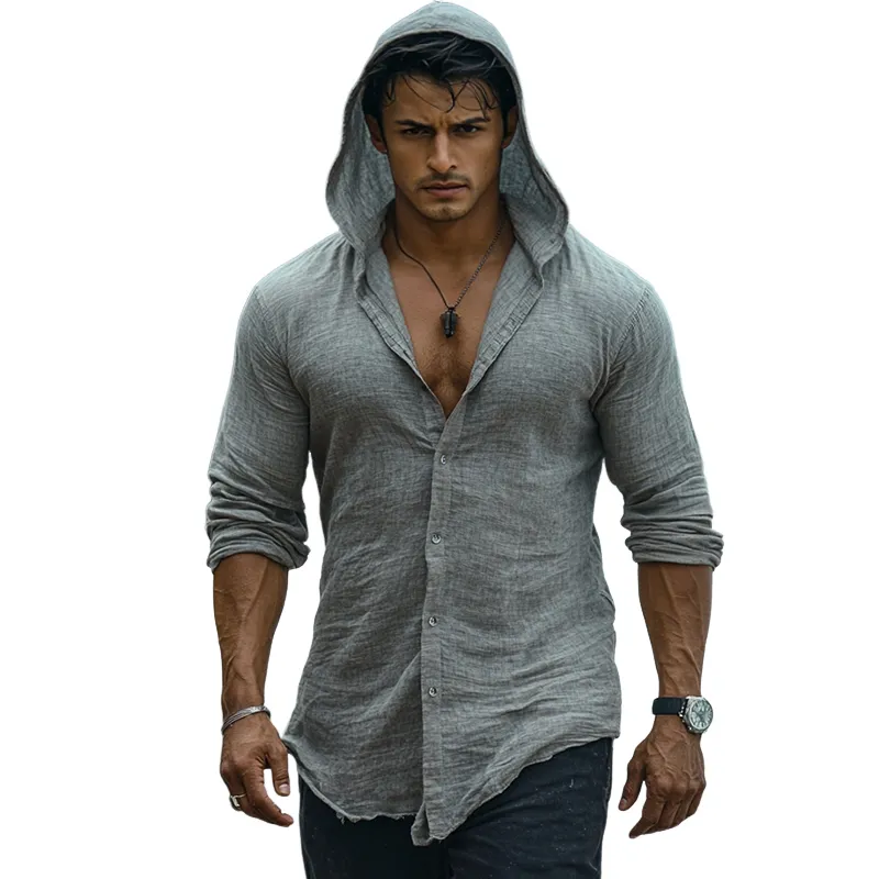 Men's Vintage Casual Linen Hooded Long Sleeve Shirt 19458845TO sold by Manly