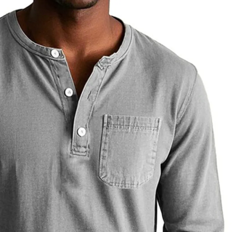 Men's Vintage Casual Solid Color Distressed Henley Collar Pocket Long Sleeve T-Shirt 17380734TO sold by Manly product image thumbnail 2