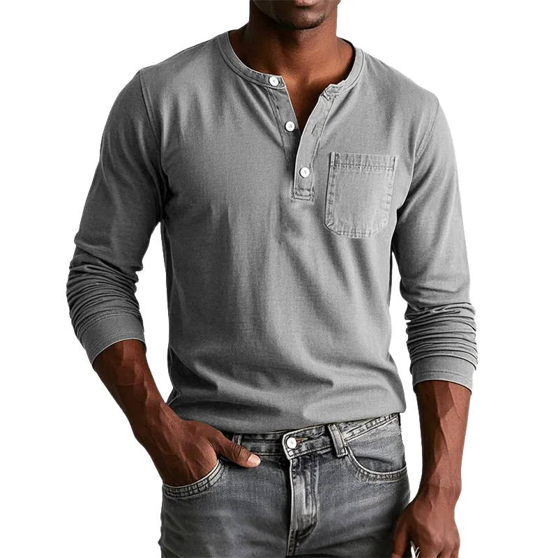 Men's Vintage Casual Solid Color Distressed Henley Collar Pocket Long Sleeve T-Shirt 17380734TO sold by Manly