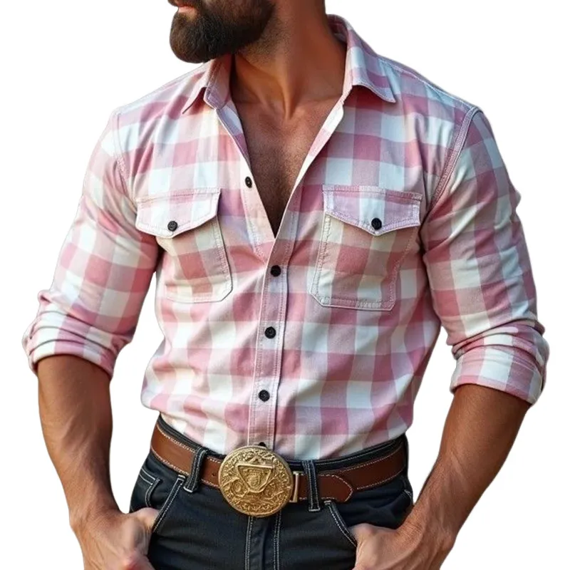Men's Vintage Casual Western Plaid Pocket Lapel Long Sleeve Shirt 59136033TO sold by Manly