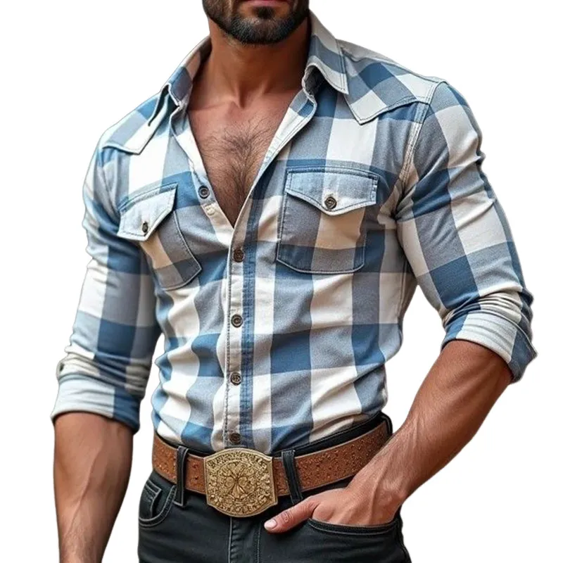 Men's Vintage Casual Western Plaid Pocket Lapel Long Sleeve Shirt 36328613TO sold by Manly