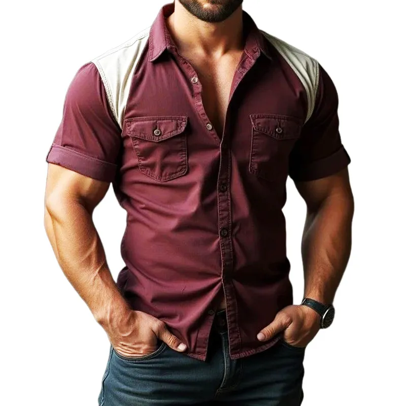 Men's Retro Casual Colorblock Pocket Lapel Short Sleeve Shirt 89360122TO sold by Manly