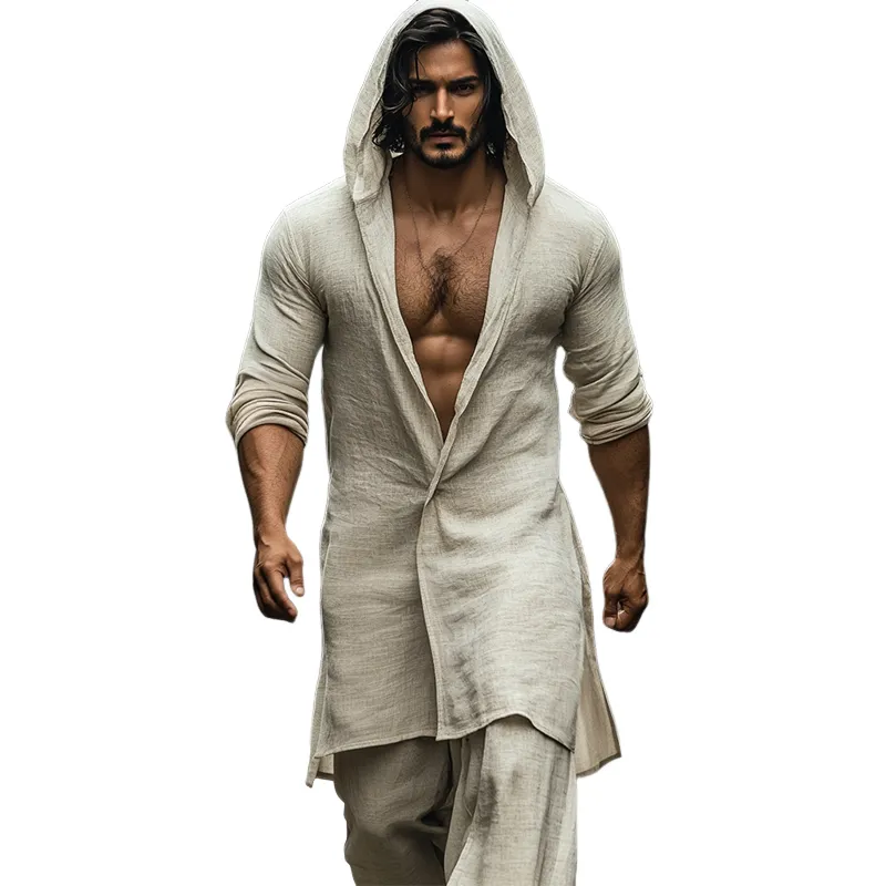 Men's Vintage Casual Linen Hooded Long Sleeve Shirt 03315401TO sold by Manly