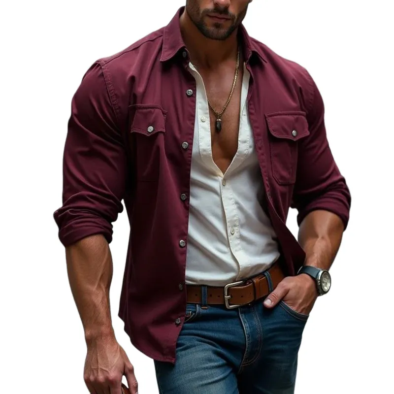 Men's Retro Casual Solid Color Pocket Lapel Long Sleeve Shirt 92391323TO sold by Manly