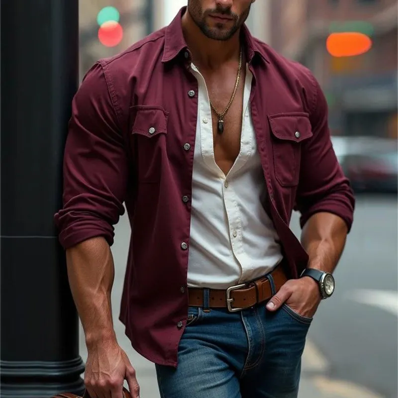 Men's Retro Casual Solid Color Pocket Lapel Long Sleeve Shirt 92391323TO sold by Manly product image thumbnail 2