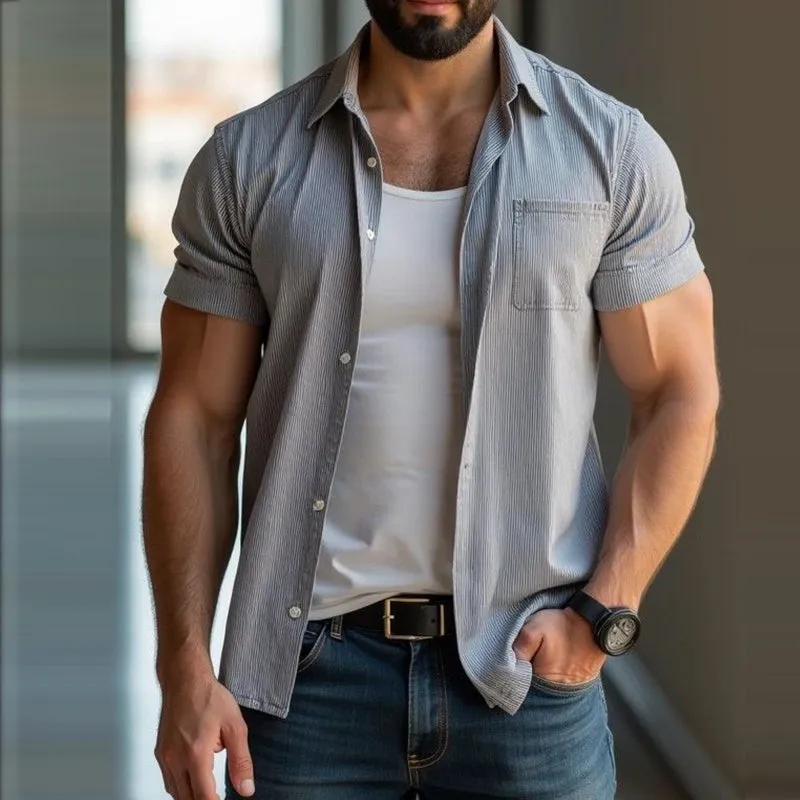 Men's Retro Casual Striped Pocket Lapel Short Sleeve Shirt 62127884TO sold by Manly product image thumbnail 2