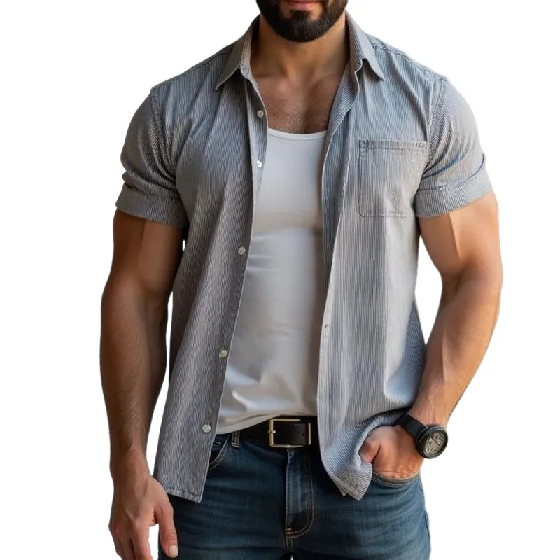 Men's Retro Casual Striped Pocket Lapel Short Sleeve Shirt 62127884TO sold by Manly
