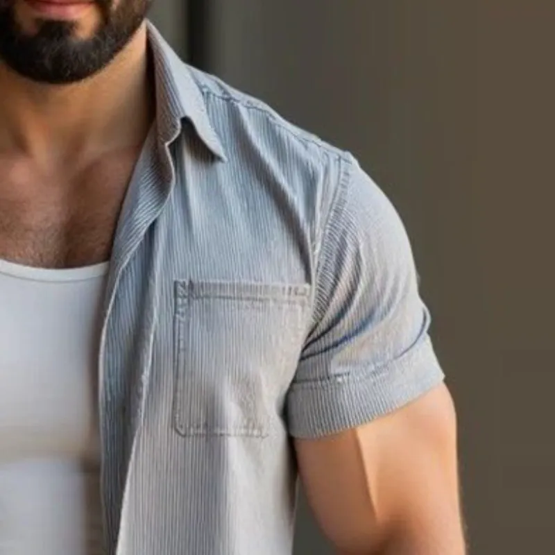 Men's Retro Casual Striped Pocket Lapel Short Sleeve Shirt 62127884TO sold by Manly product image thumbnail 3