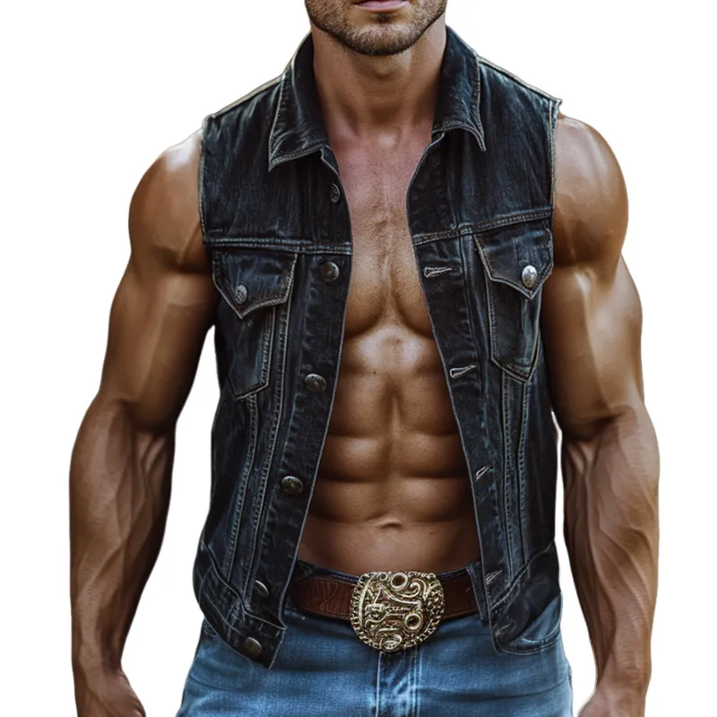 Men's Retro Casual Washed Western Denim Lapel Vest 25248604TO sold by Manly