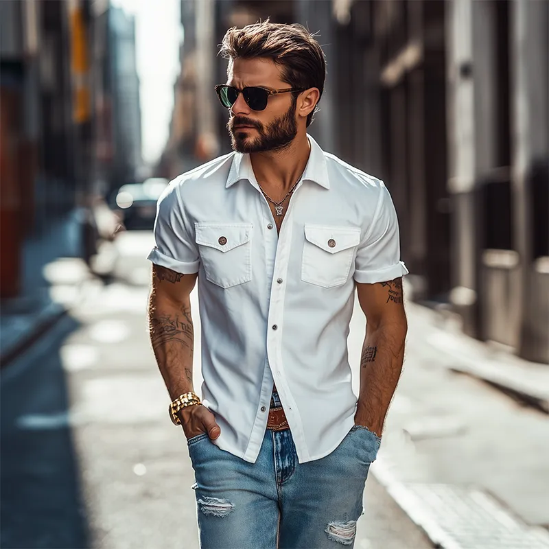 【24-hour shipping out】Men's Classic Casual Solid Color Slim Fit Multi-Pocket Polyester Cotton Short Sleeve Shirt 39582391K sold by Manly product image thumbnail 2