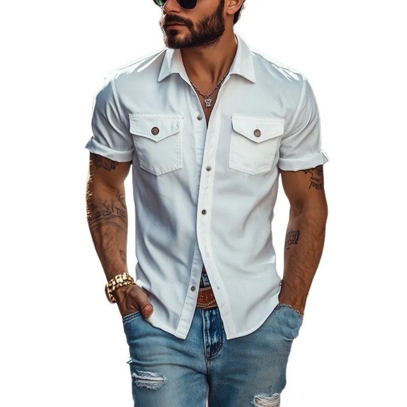 【24-hour shipping out】Men's Classic Casual Solid Color Slim Fit Multi-Pocket Polyester Cotton Short Sleeve Shirt 39582391K sold by Manly