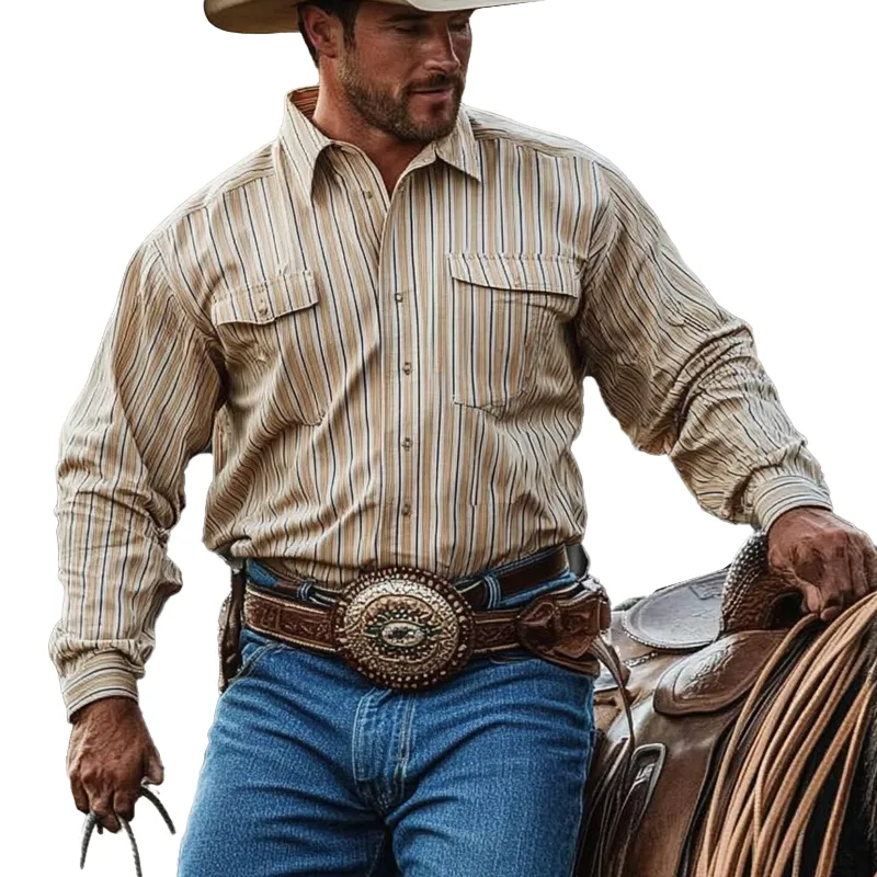 Men's Western Cowboy Stripe Print Long Sleeve Shirt 58394341X sold by Manly