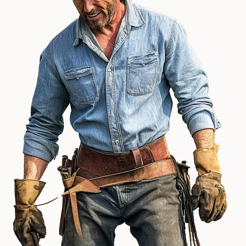 Men's Western Denim Long Sleeve Lapel Shirt 76530681X sold by Manly product image thumbnail 4