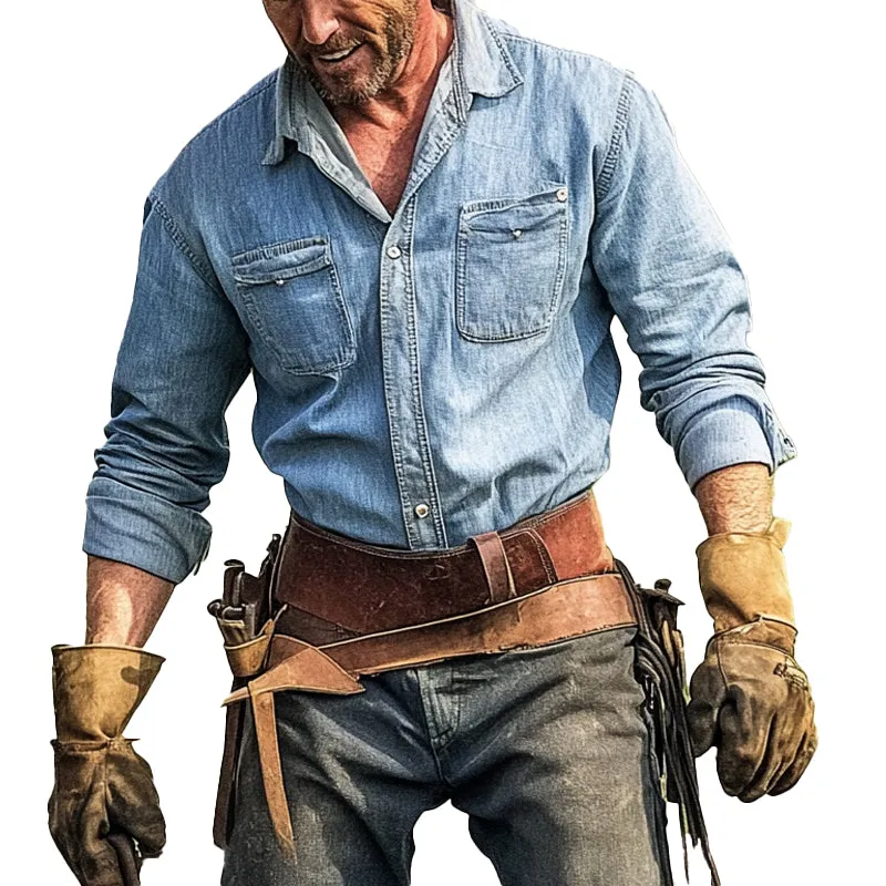 Men's Western Denim Long Sleeve Lapel Shirt 76530681X sold by Manly