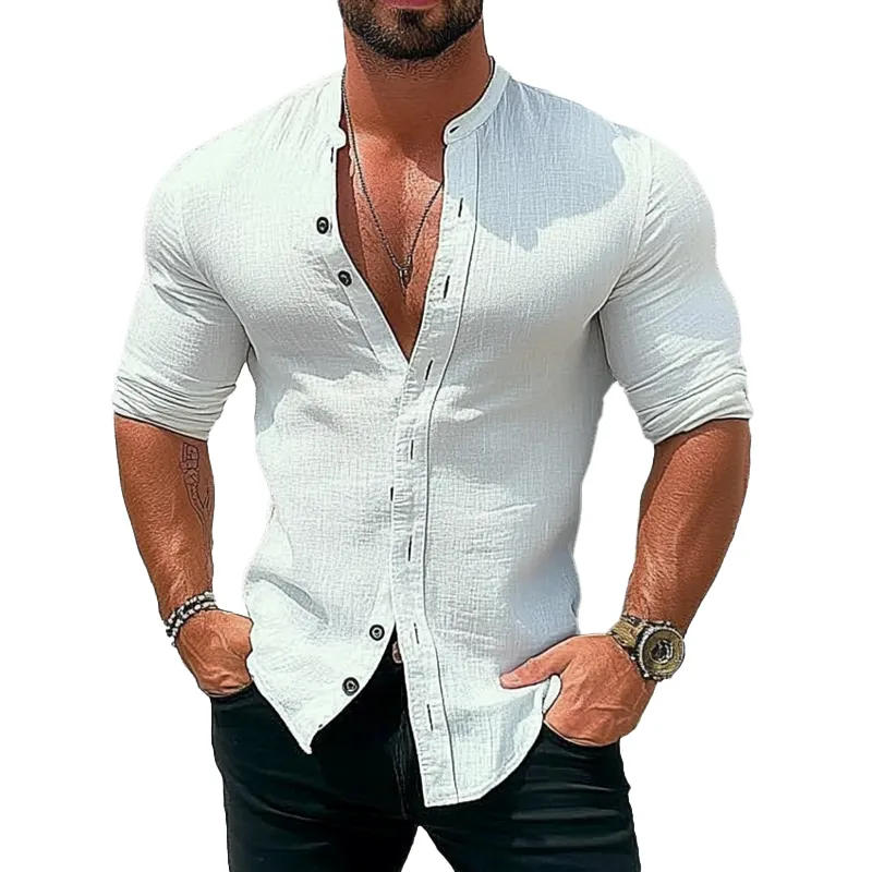 Men's Solid Color Cotton and Linen Stand Collar Long Sleeve Shirt 06143312X sold by Manly