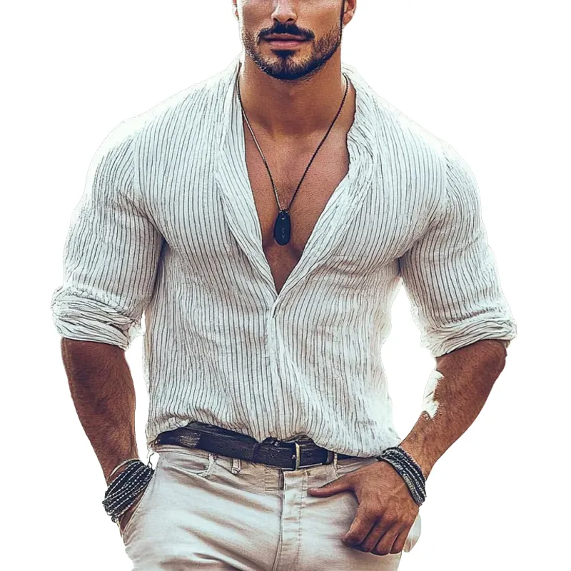 Men's Stripe Print Long Sleeve Stand Collar Shirt 95217888X sold by Manly