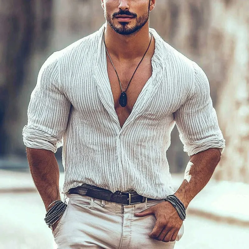 Men's Stripe Print Long Sleeve Stand Collar Shirt 95217888X sold by Manly product image thumbnail 2