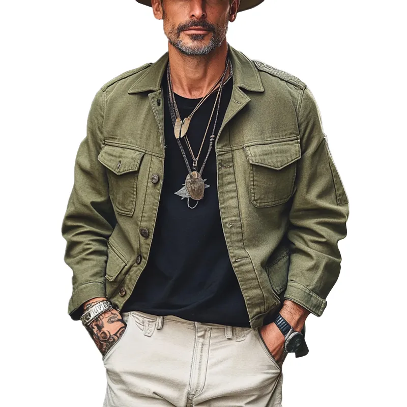 Men's Solid Canvas Lapel Multi-Pocket Jacket 76251420X sold by Manly