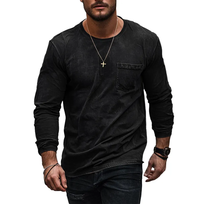 Men's Solid Color Vintage Long-sleeved Denim T-shirt 90573154X sold by Manly